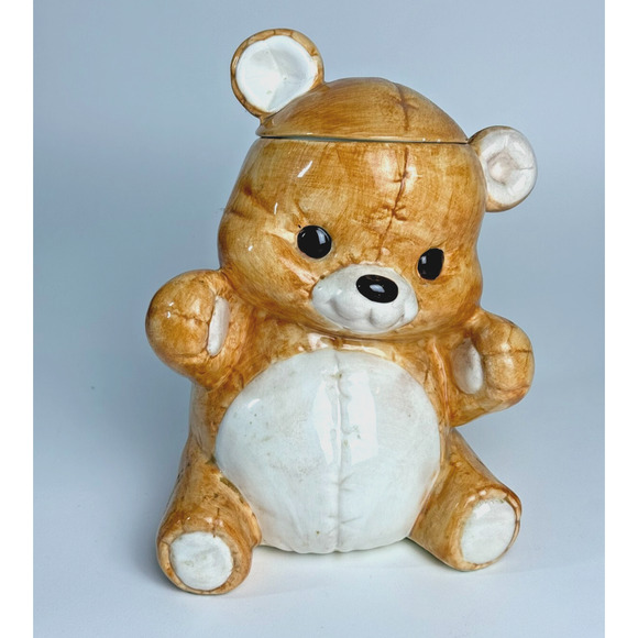 Vintage Treasure Craft Stitched Patch Teddy Bear Cookie Jar 1980’s 11in